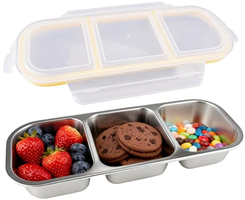 Fiambrera 3 Compartimentos, 600ml Caja de Aperitivos de Acero Inoxidable | Sellado Antifugas Fiambrera Infantil, Caja de Bocadillos, Microondas y Lavavajillas para Comida, Viajes