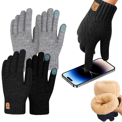 nplaseta 2 Pares Guantes Invierno Hombre termicos Mujer, Guantes de táctil, Guantes de Invierno Gruesos para Ciclismo Moto Bici Correr Aire Libre para Frio Antideslizantes Conducir Deporte Running