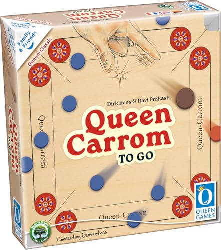 Queen Games - Queen Carrom to Go – Klassisches Geschicklichkeits-Brettspiel für die ganze Familie | Holzspiel ab 6 Jahren