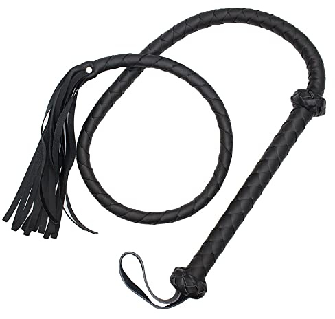 Générique Fouet à Long Manche en Cuir, Design tressé, Fouet équestre pour fêtes costumées-FRRS48 (Noir)