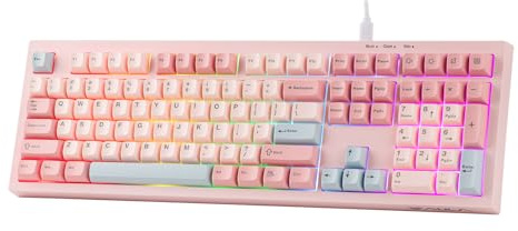 MechLands AULA S102 Membrane Gaming Keyboard with Number Pad, 100% Full Size Layout, USB-C Wired, RGB Backlit, Creamy Silicone Structure, Silent Keyboard for PC Game/Office (Pink)