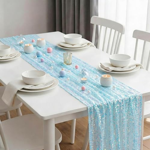 Meerjungfrau Geburtstag Deko, Tischläufer Blue, Glitzer für Stoff 63x300 cm | Pailletten Netzstoff, Funkelnder Glitzereffekt, für Mädchen Geburtstagsdeko Jubiläum Weihnachten Valentinstag Party