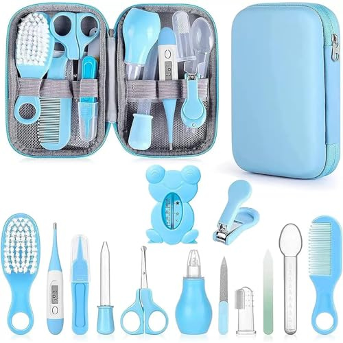 Trousse de Soin Bébé Naissance 13 en 1 – Trousse de Toilette Bébé avec Brosse, Peigne, Coupe-Ongles, Thermomètre Digital, Ciseaux, etc.– Kit Complet pour Nouveau-Né Fille Garçon (Bleu)