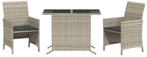 Qnhdfrt 3-TLG. Bistro-Set Gartenmöbel Sitzgruppe aus Poly Rattan mit Tisch & 2 Stühlen, Gartentisch mit Glasplatte, inklusive Sitzkissen Anthrazit, Balkon-Set für Garten Terrasse, Hellgrau