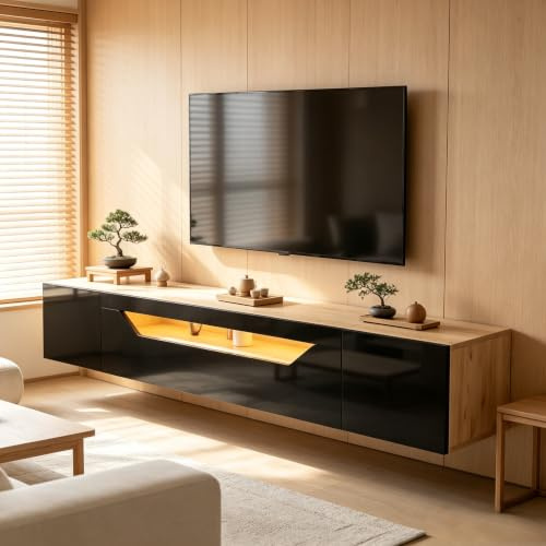 Calivra Meuble TV bas suspendu 180 cm avec LED, noir brillant et aspect bois, meuble TV mural avec 3 compartiments de rangement, 2 portes et porte rabattable, convient pour téléviseurs jusqu'à 75