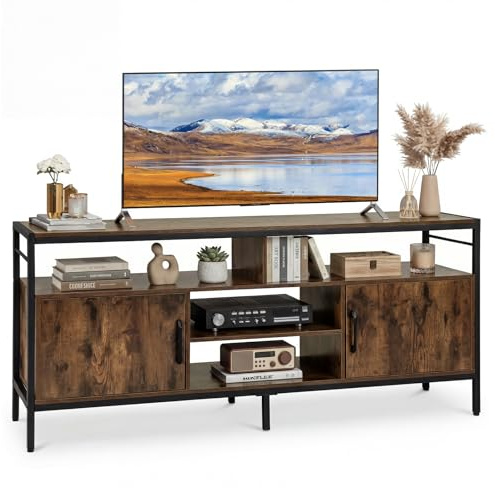 COSTWAY TV Stand Cabinet for 65 Inch TVs, 147cm Industrial TV Unit Media Console Table with 2 Doors, Storage Shelves and 6 Metal Legs, Wooden Entertainment Center for Living Room Bedroom, Rustic Brown