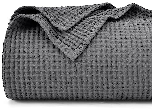 PHF 100% Cotton Waffle Weave Blanket Double Size 150 x 200cm, Pre-Washed Lightweight Breathable Throw Blanket, Oeko-TEX Certified for Bed Sofa, Home Decor, Charcoal Grey