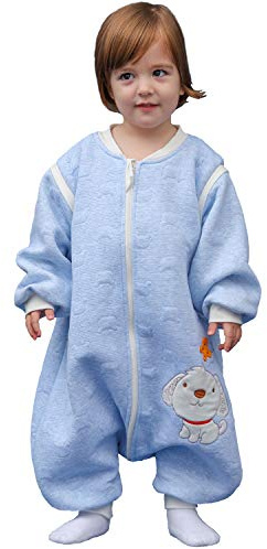MIKAFEN Baby Schläfsack Langarm mit Füßen 2.0Tog, Baumwolle Junge Mädchen Unisex ganzjahres Schlafanzug, Blauer Welpe,70/Baby Höhe 75-85cm