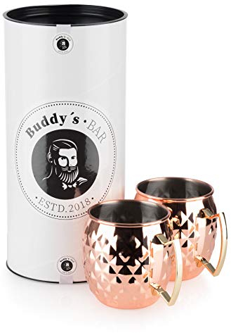 Buddy´s Bar - 2 tazas de mula de Moscú, 500 ml, tazas de acero inoxidable de calidad con estructura de piña, taza de cóctel incl. caja de regalo, juego de 2, acero inoxidable antiguo