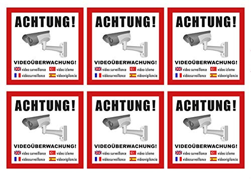 6 Stück Premium Aufkleber-Set Achtung Videoüberwachung Alarmgesichert Alarmanlage Mehrsprachig Hinweis Witterungs- und UV-Beständig
