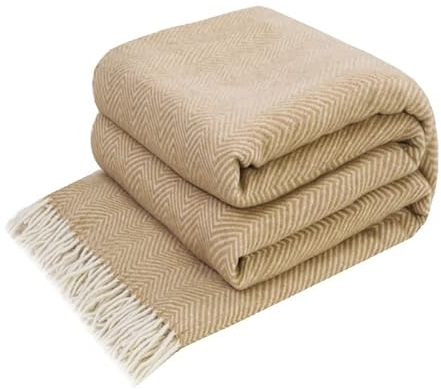 LYHome Merino Decke - Kuscheldecke Tagesdecke Sofa Wolldecke, Blanket Überwurfdecke Sofadecke Wohndecke, Flauschige Couchdecke Merinodecke, Flauschig Warm Plaid (140x200 cm | Beige mit Weiß Chevron)