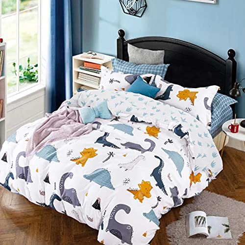 White Kids Dinosaurs Bedding Set Children Boys Animals Duvet Cover Set,1 Pillowcases with Zipper,Soft Microfiber,Single (135cm x 200cm)