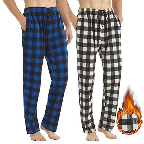 LANBAOSI Pyjamas för män 2-pack rutiga loungebyxor fluffiga myskläder rutiga pyjamas långa nattkläder byxor med fickor, Blå+blk vit, L