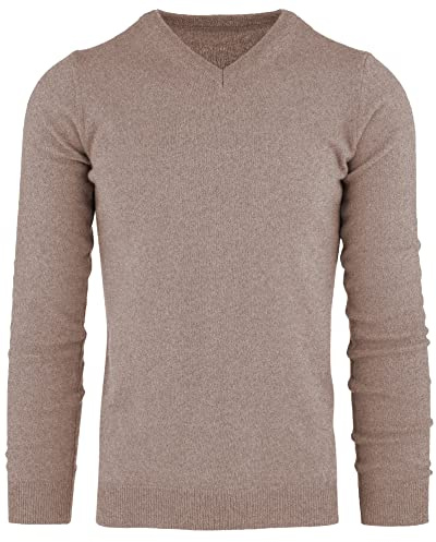 CASHMERE ZONE - V-ringad herrtröja i 100% kashmirull Kashmir Winter med långa ärmar (Beige, S)
