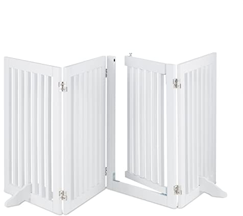 Relaxdays Absperrgitter, HxB: 70x207 cm, faltbar, mit Tür & Füßen, freistehendes Hunde Schutzgitter, Türgitter, weiß