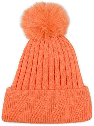 styleBREAKER Damen Strick Bommelmütze Rippenmuster | Isolierendes Thermo-Fleece-Innenfutter, 11 cm Fake-Fur-Pompon, 22 cm elastische Bundweite für 46-59 cm Kopfumfang.
