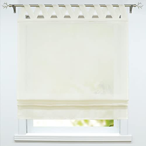 ESLIR Raffrollo mit Schlaufen Leinen Raffgardine Landhaus Schlaufenrollo Halbtransparent Küche Gardinen 1 Stück BxH 80x140cm Milchweiß