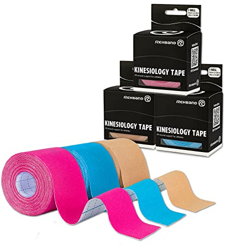 Rehband RX Kinesiology Tape pour Auto-Application, Bande de Physio pour Soutien des Articulations & Muscles, Imperméable, Élastique, Couleur:1 x Rose / 1 x Bleu / 1 x Beige, 3 Rouleaux