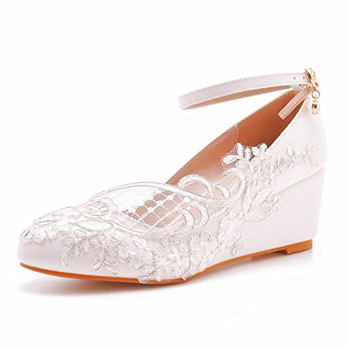IDOBLO Chaussures De Mariage en Dentelle Blanche Calices De 5.5 Cm High Talons Party Femme Dance Pumps Dress Chaussures,Blanc,39.5 EU