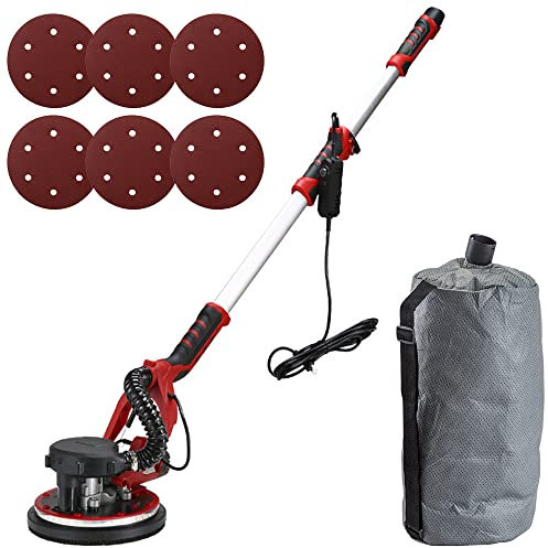 Ponceuse à cloison sèche sans Fil 1250w RPM 0-3000rpm. avec Tuyau d'extension, Sac à poussière, tête pivotante à 90 °, poignée rétractable, avec système d'auto-Nettoyage, Baremetal + 50 Papier de ve