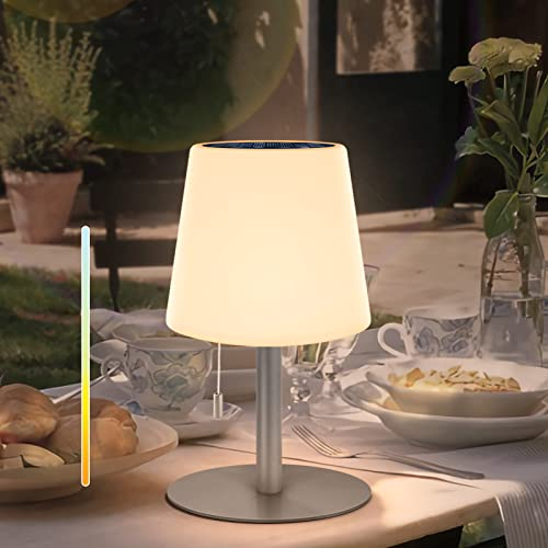 Postlucky Lampara de Mesa Solar Lámparas de Mesa Inalámbrica LED Recargable Lampara Escritorio Sin Cable Regulable 3 Colores a Prueba de Agua IP44 para Exterior, Terraza, Mesilla, Acampar - Gris