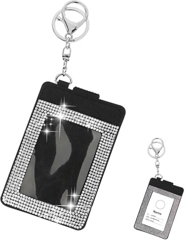 Bling ID-bricka hållare med nyckelring, bling strass kristallemblem klämma nyckelringshållare, PU-korthållare med klart fönster, nyckelring, metallklämma för kontor, namnkort, ID-kort.