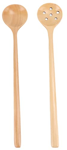 HERCHR 2 Kleine Holzlöffel Mit Langem Griff, Japanischer Stil, Eistee-Rührlöffel, Lange Schlitzlöffel, Runde Marmeladenlöffel, Suppenkaffeelöffel
