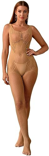 Walang Lingerie sexy en maille pour femme - Tenue résille - Sans manches - Body bas - Une pièce - Danse - Yoga - Combinaison sous-vêtement, amande, XS-XXL