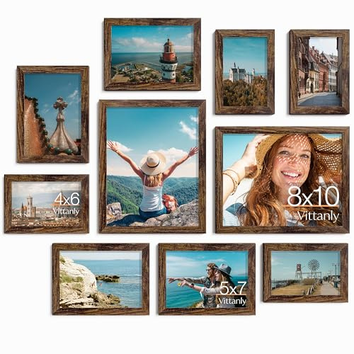 Vittanly 10 Pack Picture Frames Collage Wall Decor, Gallery Wall Frame Set for Wall or Tabletop Display, Engineered Wood and Shatter-resistant Plexiglass, Multi Sizes with 8x10, 5x7, 4x6 Frames, Brown