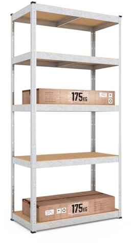 baudim® Schwerlastregal 180x90x40 cm, 5 Metallböden, 875 kg, Verzinkt Stahl | Feucht abwischbare Ablagen, stabiles Stecksystem, Stahlregal, Werkstattregal, Keller, Lager, für Werkzeug, Kartons, Material.