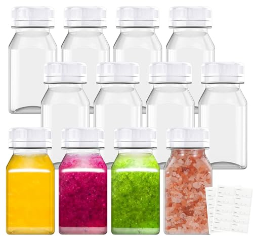 HXC Juice Shot Bottles12 Pack 4oz Small Plastic Bottles with Lids Reusable | HXC 120ml Shot Bottles with Lids Juice Bottles BPA-free for Mini Fridge Juice Smoothie Milk Drink Containers with Stickers