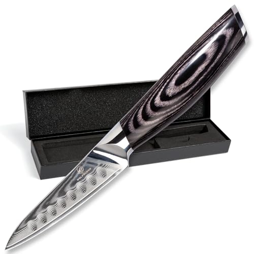 Wolfblood PRO Damastmesser Damast Küchenmesser S (19cm) Profi Obstmesser aus echtem 67 Lagen Damaststahl I Küchenmesser Schälmesser mit Holzgriff Geschenkbox & Klingenschutz