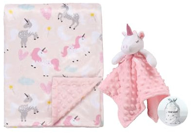 Crevent Set composto da coperta morbida e confortevole per neonati, pupazzetto doudou e sacchetto regalo, unisex, motivo: unicorno
