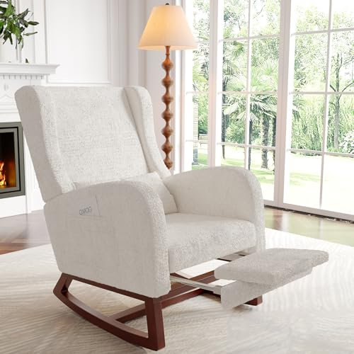 Luminarix Schaukelstuhl Stillsessel Relaxsessel mit Holzsockel Fußstütze Verdicken Schaukelsessel,Leinen,2 Seitentaschen,1 Lendenkissen,Beige (Teddystoff, Beige)