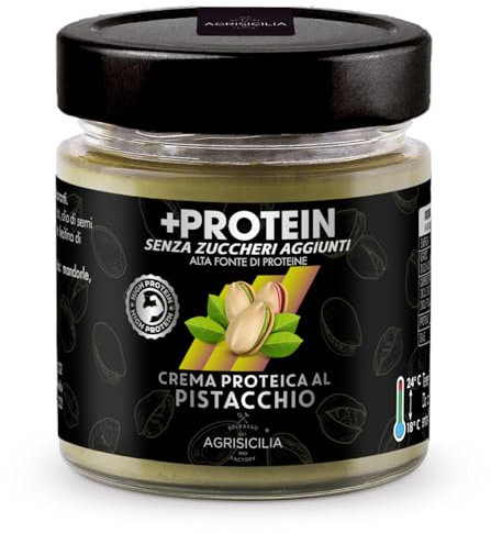 Agrisicilia, +Protein crema spalmabile al Pistacchio, crema proteica senza zuccheri aggiunti, gusto pistacchio,creme spalmabili ideali per la dieta, 200 grammi