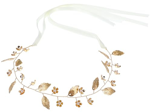 Yuanchu Boho Haarschmuck Hochzeit, Gold Braut Kopfschmuck Kommunion Brautschmuck Haare Gold Mädchen Perle Blumen Haar Krone Accessories Römische Göttin Haarreif Fee Lorbeerkranz Blätter Tiara Haarband