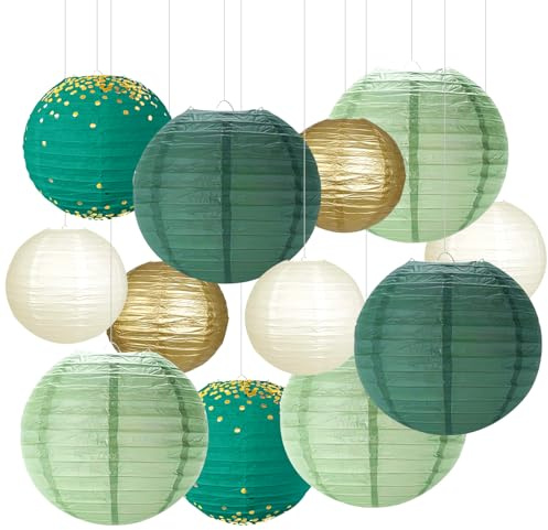 Lampions Party Deko Papierlampion Grün Gold Papier Laterne 12Stk | Papierlaterne Rund Hängende Papierlaternen Für Hochzeiten Braut Babyparty Geschlecht Reveal Geburtstage Dekoration
