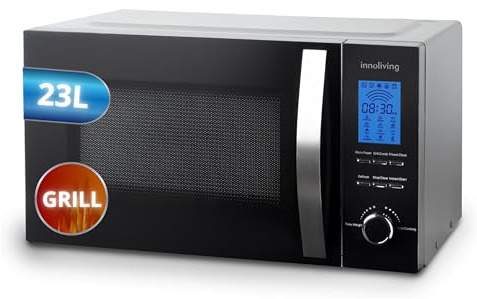 Innoliving Horno microondas 23 litros INN-862S, 800 W con grill, 5 niveles de potencia, función descongelación, temporizador de 60 minutos, diseño elegante de acero, perfecto para calentar, cocinar y