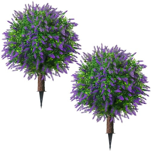 Sunnyglade 25.5 Set of 2 Artificial Lavender Topiary Ball Trees, Faux Lavender Shrub Bushes with Ground Spike, UV Resistant Fake Plants for Indoor, Garden, Yard, Porch, Patio Decor (2, Purple)
