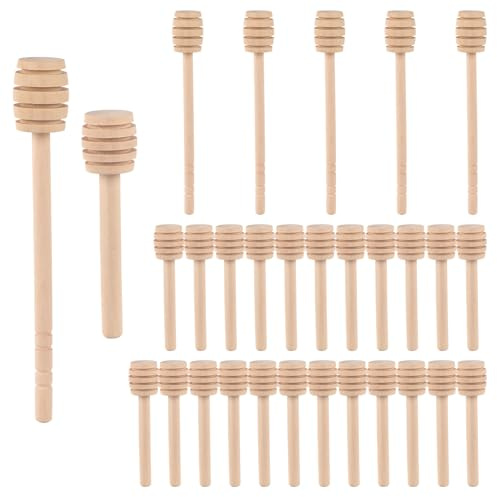 lasuroa 30pcs Bâtonnets de Miel, 2 Tailles Mini Cuillère à Miel en Bois à Tête Ronde pour Mélanger Verser Distribuer et Collecter de la Confiture Utilisation en Cuisine Fête
