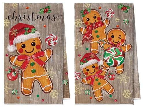 Artoid Mode Braun Planke Lebkuchenmann Kekse Lollipop Weihnachten Küchentücher Geschirrtücher, 42x65 cm Mikrofaser Saugfähig Küchen Deko 2er Set