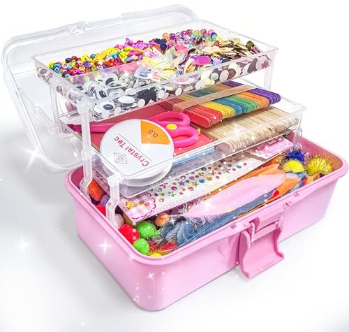 LINAYE 3000+PCS Kit Manualidades Niños, Kit de Manualidades DIY Todo en Uno Maletín Caja Manualidades, Conjunto Material Manualidades con Pompones y Varillas de Limpieza, Regalo Ideal 4-8 rosa