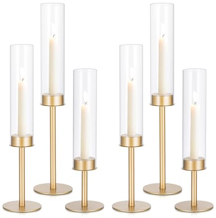 Staymoment 6er Set Stabkerzenhalter Gold, Kerzenständer Glas | für Stabkerzen, Deko Hochzeit, Windlicht, Kerzenhalter mit Glaszylinder, Tischdeko