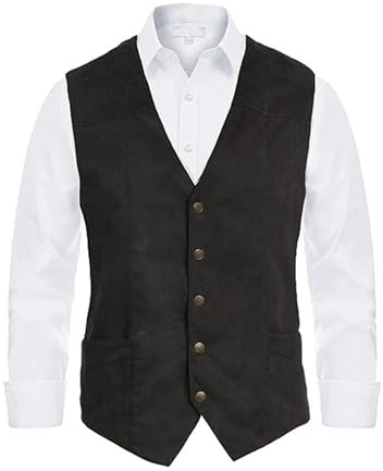 Yoisdtxc Men V-Neck Suit Vest Button Up Curved Hemline Sleeveless Dress Vest Slim Fit Waistcoat (A-Black, 2XL)