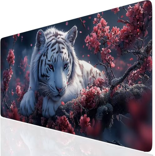 Tiger Mauspad XXL, Rosa Mousepad 900x400x3mm mit Genähten Kanten, Mauspad Großes Schreibtischauflage, Gaming Mousepad Wasserdicht und rutschfest, Desk Mat Vernähte Kanten für MacBook, Laptop DE-9068