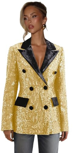 Gold Women's Sequin Blazer Glitter V Neck Blazers for Women Double Breasted Tuxedo Jacket for Prom Party Dinner Size XX-Large