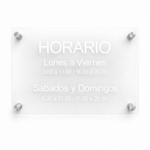 Cartel Horario Personalizable Grabado a Láser para Negocio en Metacrilato Transparente – Cartel de Apertura y Cierre con Texto Personalizado – Ideal para Tiendas, Oficinas y Restaurantes