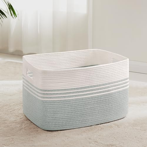 Grande cesto per biancheria intrecciato in corda di cotone, 60L, contenitore con maniglie, per coperte, abiti, giocattoli, cesto per cameretta o soggiorno, 53x38x29 cm, bianco e verde tenue
