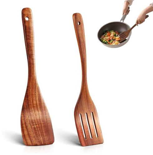 Pfannenwender Holz Zweiteiliges Spatelset,HitzebestäNdig; Holz Pfannenwender Spatel;Pfannenwender Olivenholz Set;HolzkochlöFfel EnthäLt Einen Spatel Und Einen Schlitzspatel Zum Kochen Und PfannenrüHre