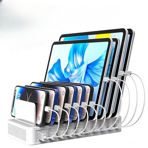 10 Ports USB Charging Hub, 100W Portable Charger Station for Multiple Devices, Desktop Charger Organizer Docking Station with Adjustable Dividers for iPad, Phones, Tablets, Earphones (White)